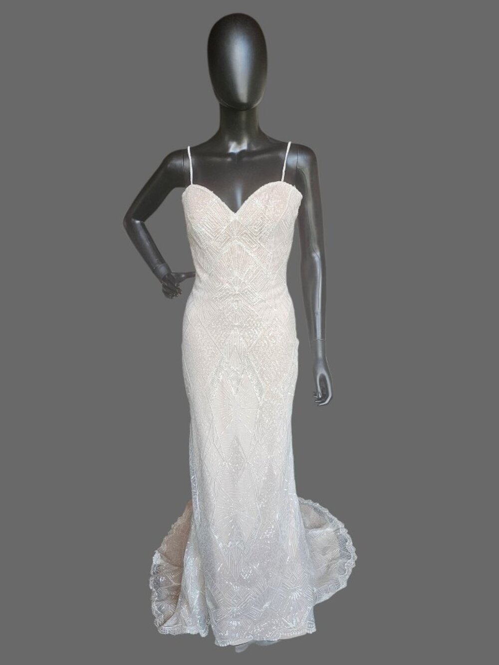 Nude Art Deco Inspired Embroidered Sequin Fit/Flare Wedding Gown - Davinci